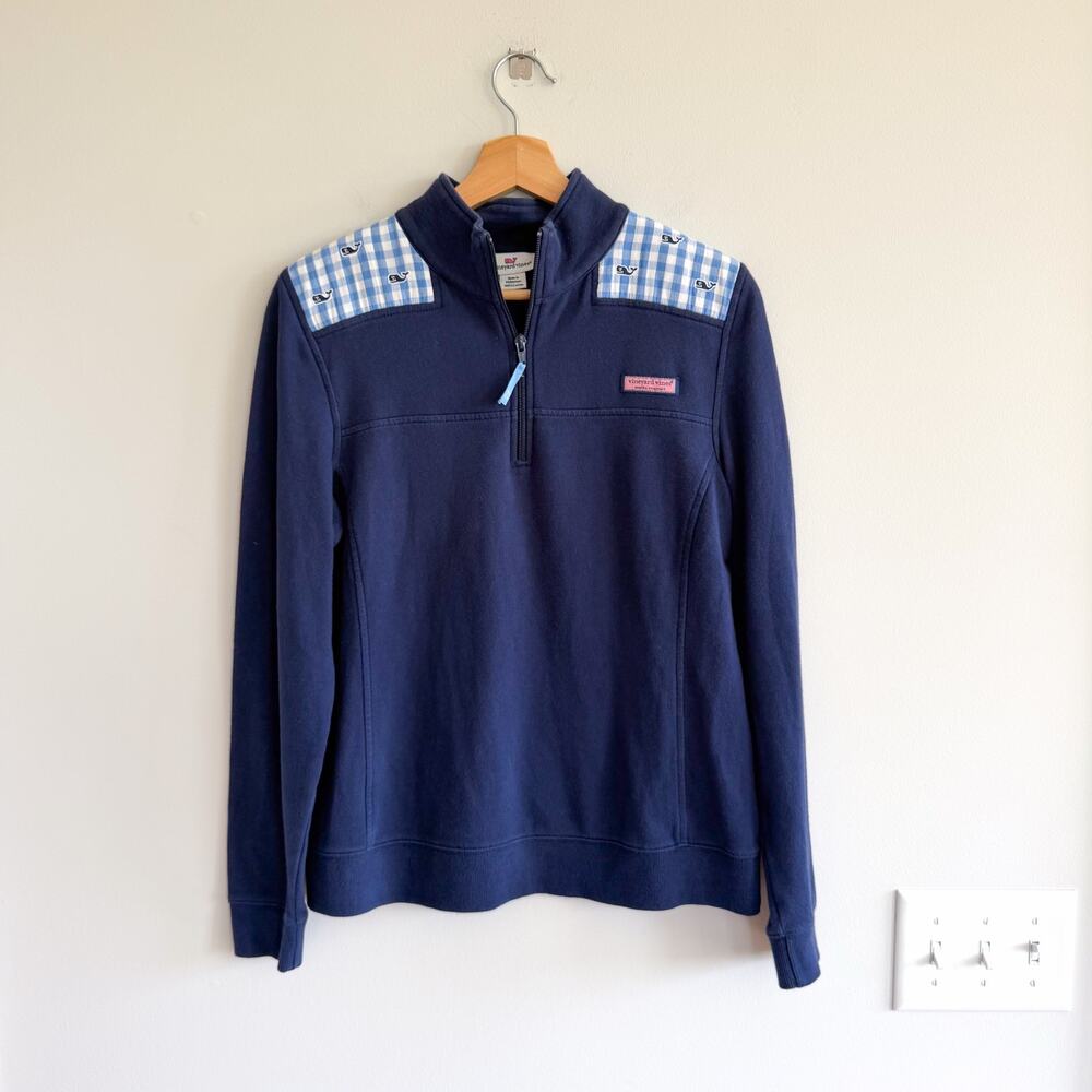 Vineyard Vines Shep Shirt Gingham Whale Shoulder 1/4 Zip Sweatshirt Blue M